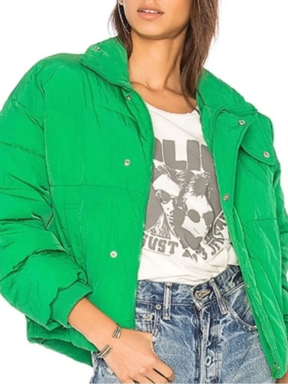Free People Cold Rush Slouchy Cropped Puffer Coat Green Drawstring Jacket S